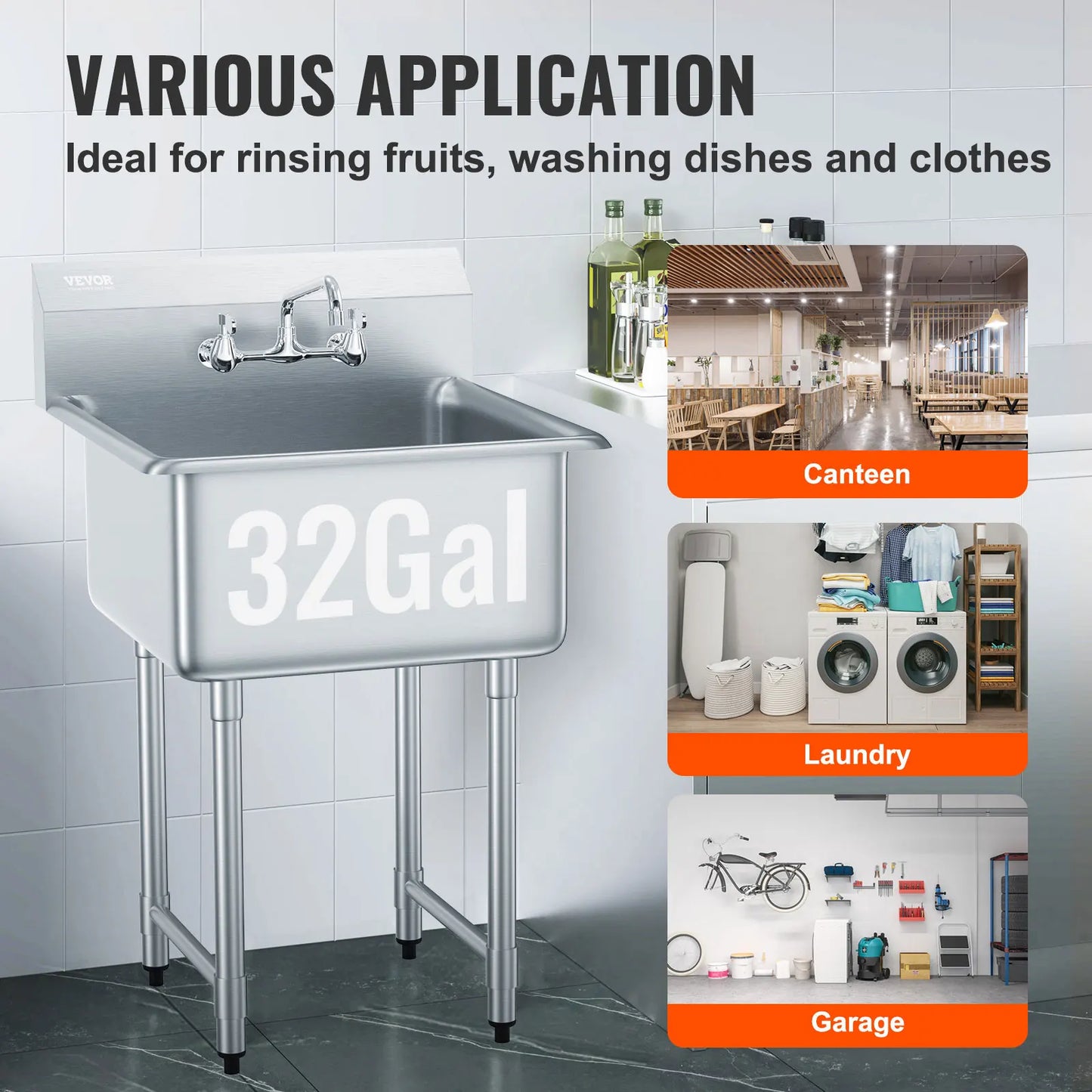 Stainless Steel Utility Sink – Commercial Prep Station With Faucet