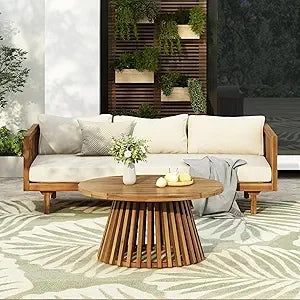 Outdoor Acacia Wood 3-Seat Loveseat Sofa Set with Cushions & Round Coffee Table – Premium Backyard Patio Conversation Furniture for Garden, Porch & Balcony Relaxation