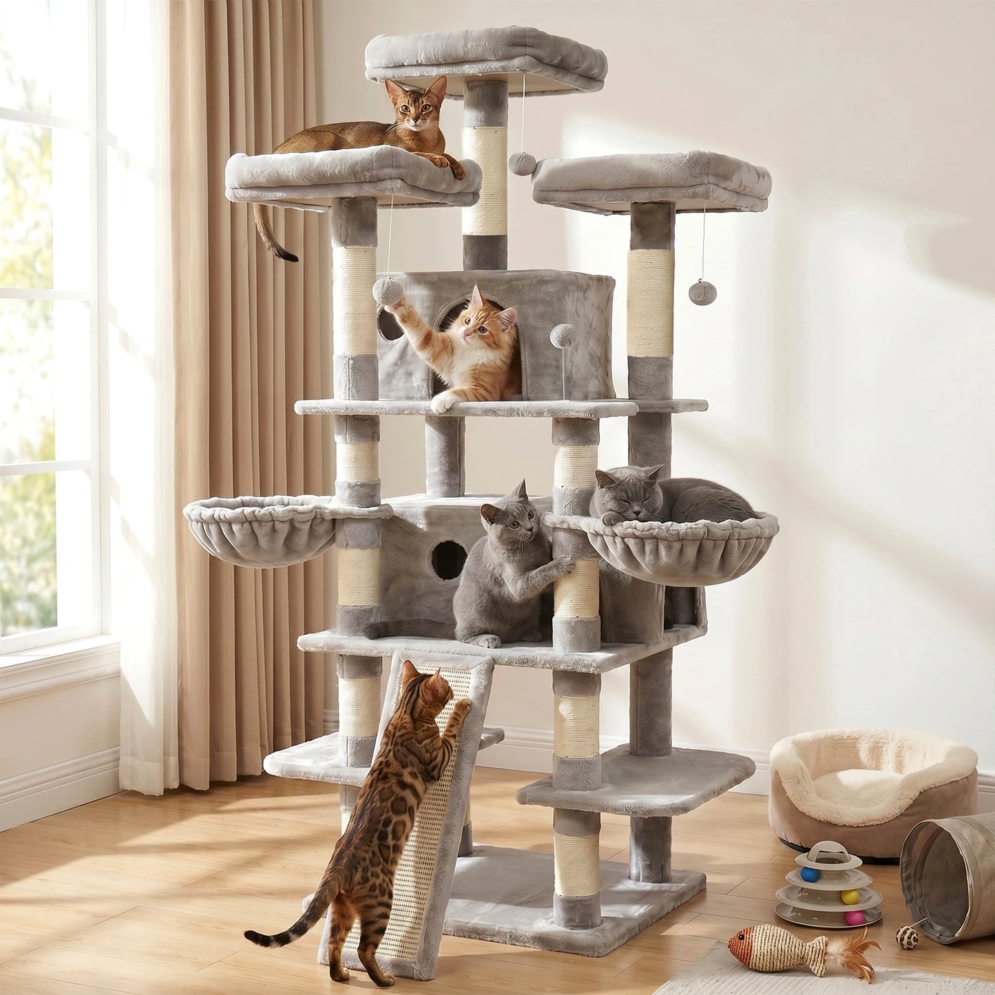 68" Large Multi-Level Cat Tree Tower – Indoor Cat Activity Center with 2 Condos, 3 Plush Perches & Scratching Posts, Luxury Climbing Playground for Kittens and Cats
