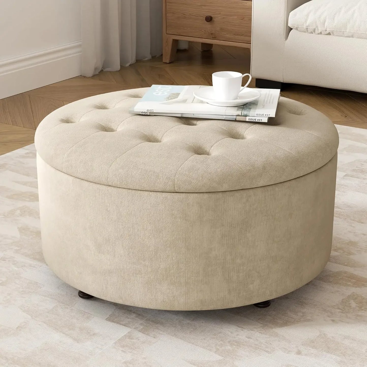 Round Tufted Storage Ottoman Coffee Table