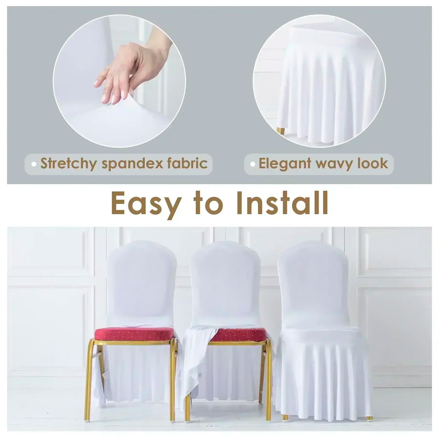 50/100PCS White Spandex Pleated Chair Covers – Stretch Seat Covers for Weddings, Banquets, Hotels, Parties & Event Decorations