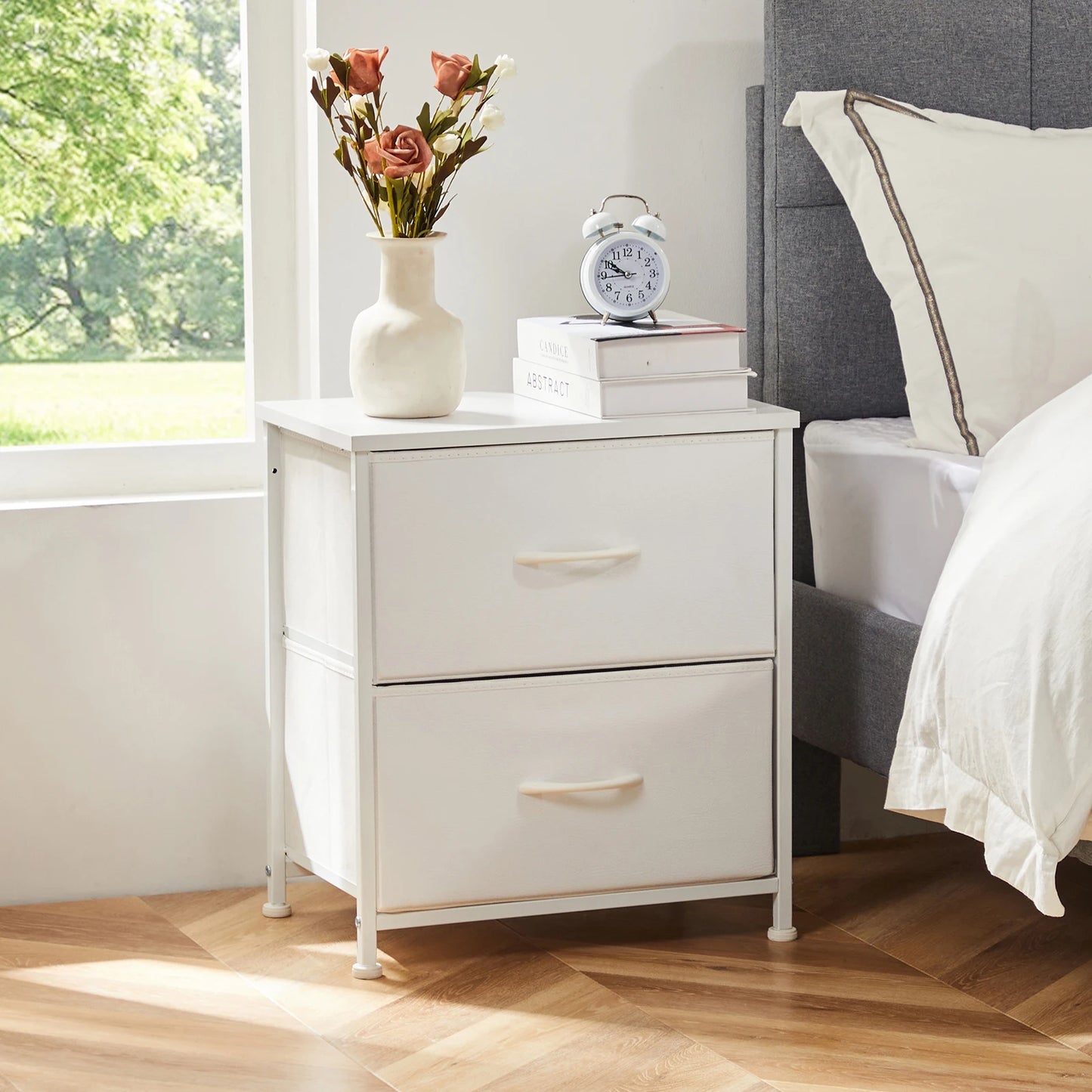 JHK Nightstand with Fabric Drawers Bedroom Storage