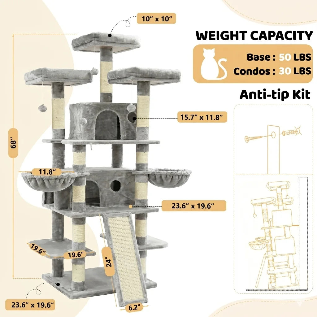 68" Large Multi-Level Cat Tree Tower – Indoor Cat Activity Center with 2 Condos, 3 Plush Perches & Scratching Posts, Luxury Climbing Playground for Kittens and Cats