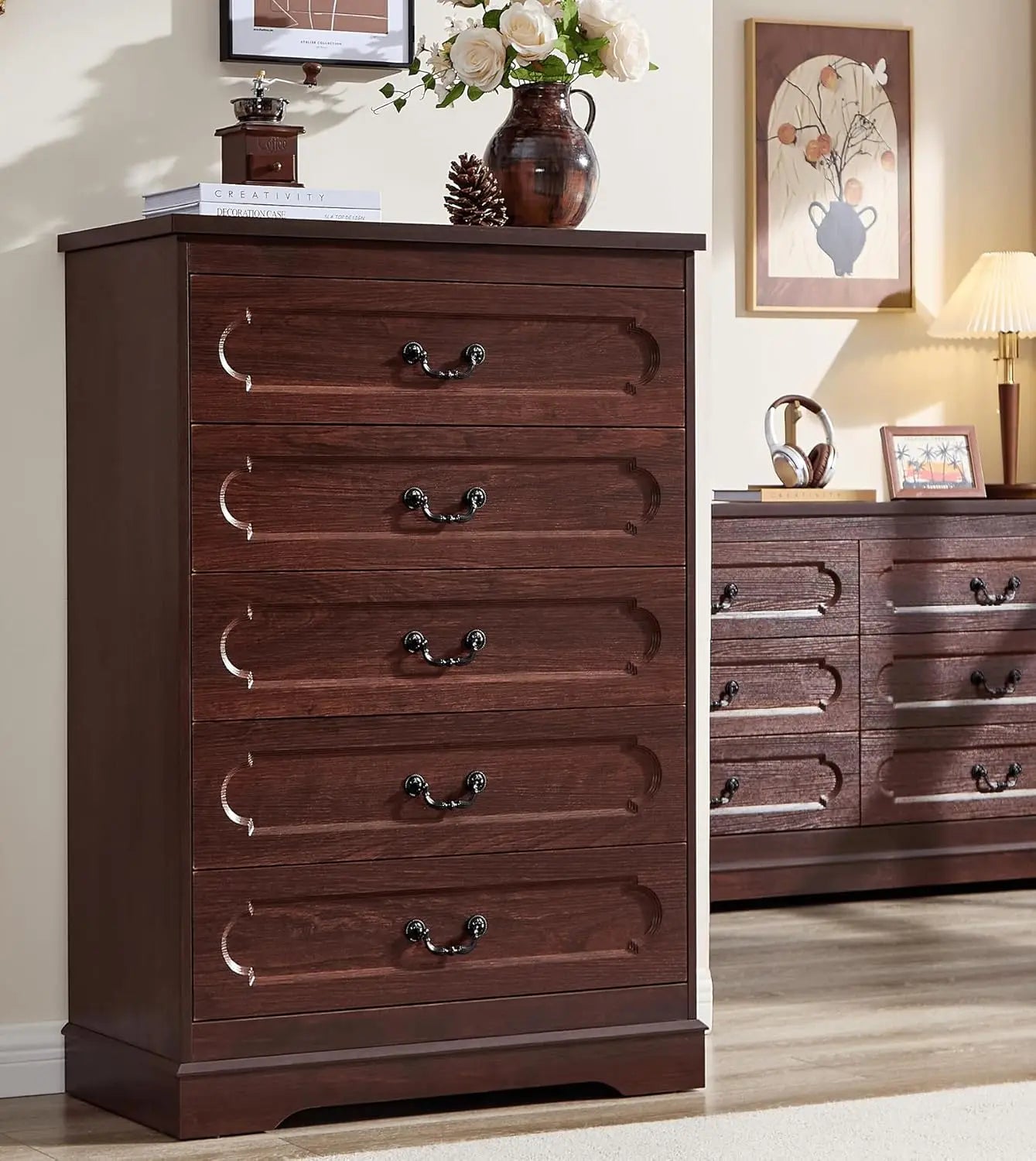 Farmhouse Cherry Wood Dresser Wide Drawer Chest of Drawers Rustic Bedroom Storage Furniture