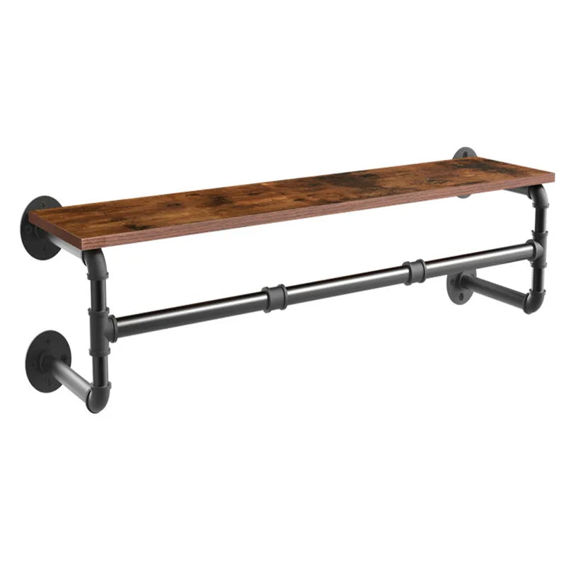 Industrial Pipe Wall Mounted Clothes Rack with Wood Shelf – Rustic Garment Hanging Rack for Bedroom, Laundry Room, Entryway, Closet & Retail Clothing Storage