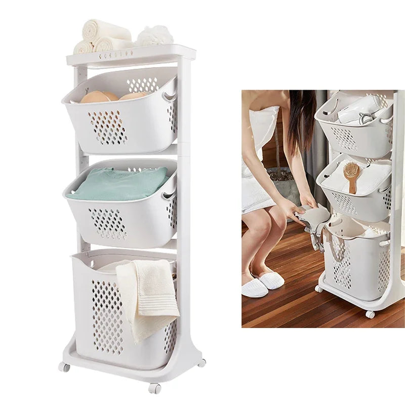 3-Layer Laundry Basket With Rolling Wheels Storage