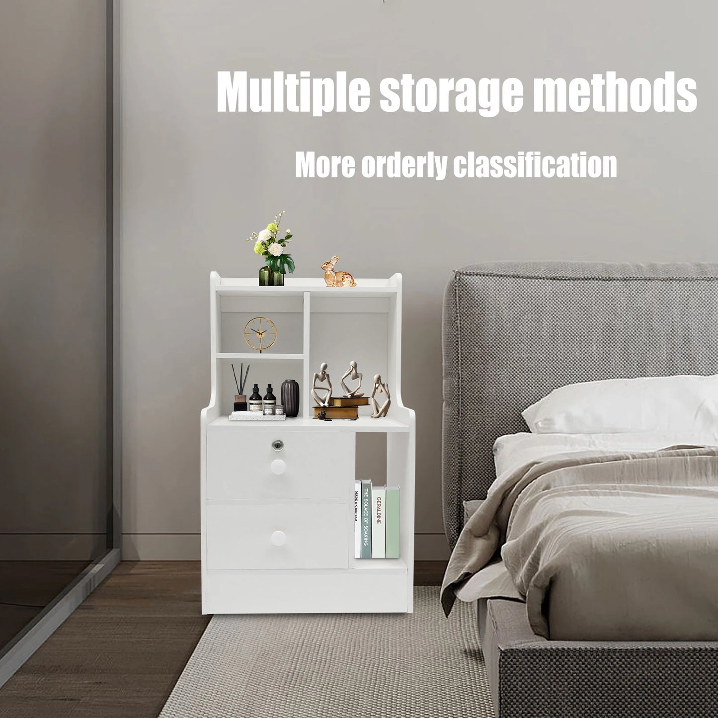 Lockable Bedside Table Double-Layer Storage Cabinet