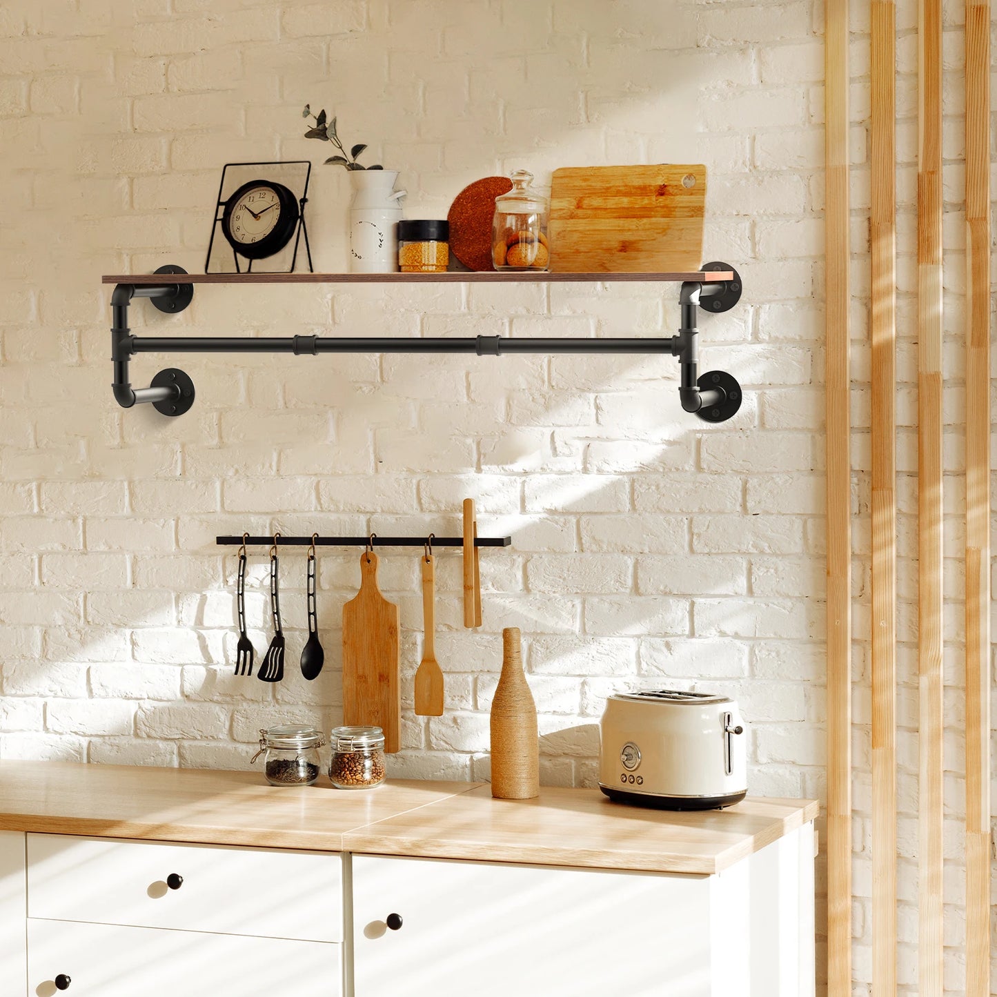 Industrial Pipe Wall Mounted Clothes Rack with Wood Shelf – Rustic Garment Hanging Rack for Bedroom, Laundry Room, Entryway & Closet Storage Organizer