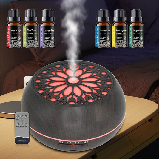 550ml Essential Oil Diffuser With Remote & Timer | 7-Color LED Aroma Humidifier + 6 Premium Oils Set