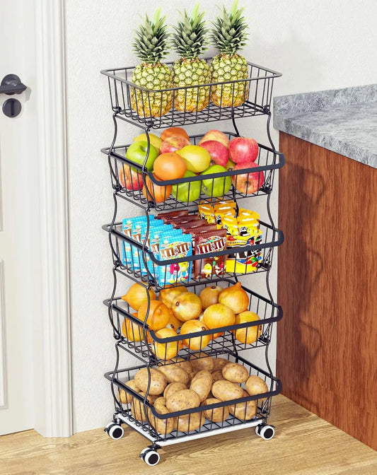 Rolling Pantry Storage Cart with Stackable Baskets
