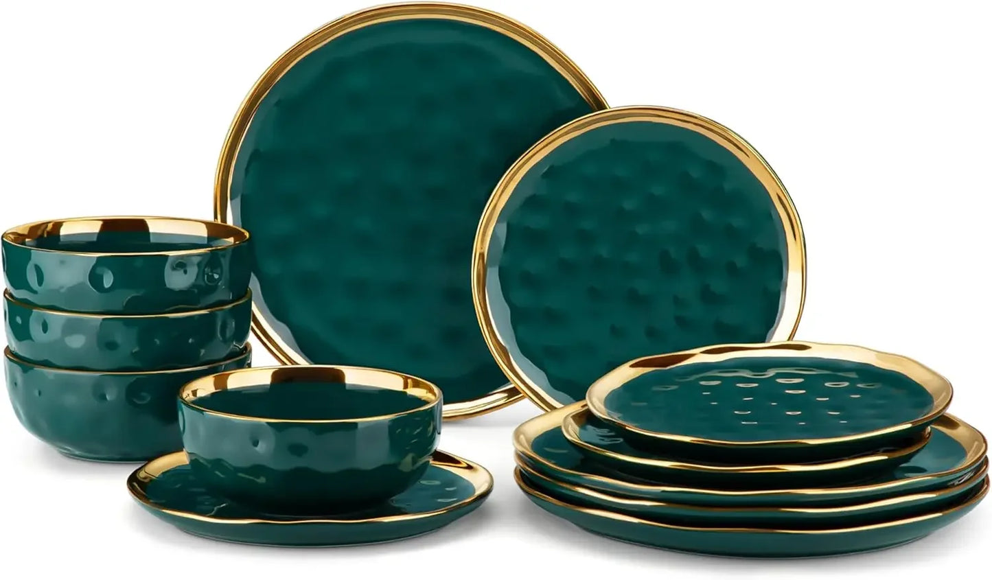 Elegant Green Gold Porcelain Dinnerware Set for 4