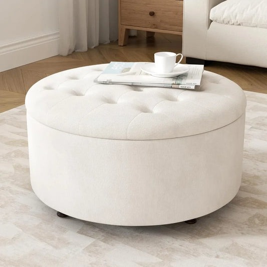 Round Tufted Storage Ottoman Coffee Table