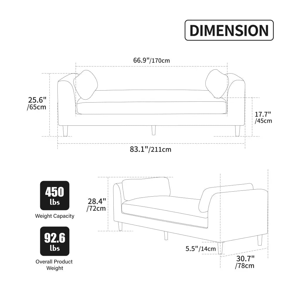 83.1” Modern Upholstered End of Bed Bench with Armrests – Chenille Chaise Lounge Bench with 2 Bolster Pillows, Bedroom Bench Seating for Bedroom, Living Room & Entryway