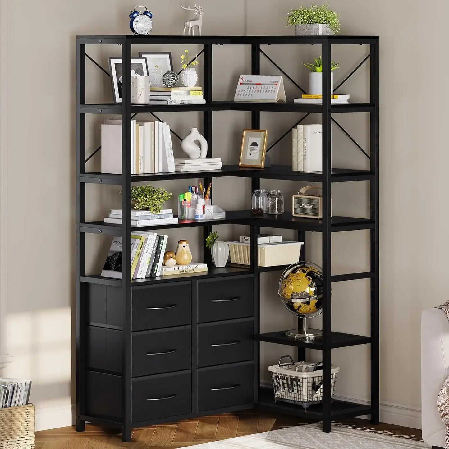 Corner 7-Tier Industrial Bookshelf With Drawers