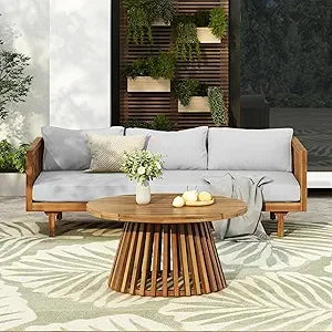 Outdoor Acacia Wood 3-Seat Loveseat Sofa Set with Cushions & Round Coffee Table – Premium Backyard Patio Conversation Furniture for Garden, Porch & Balcony Relaxation