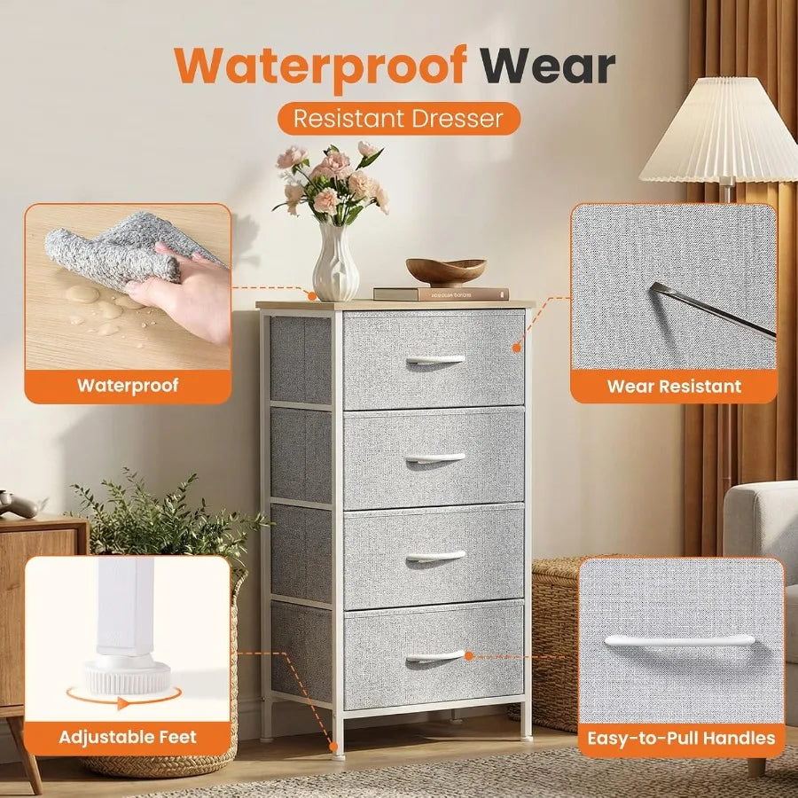 Sweetcrispy Nightstand with 4 Fabric Drawers – Modern Bedside Table with Wooden Top, Small Bedroom Dresser & End Table for Bedroom, Living Room & Nursery