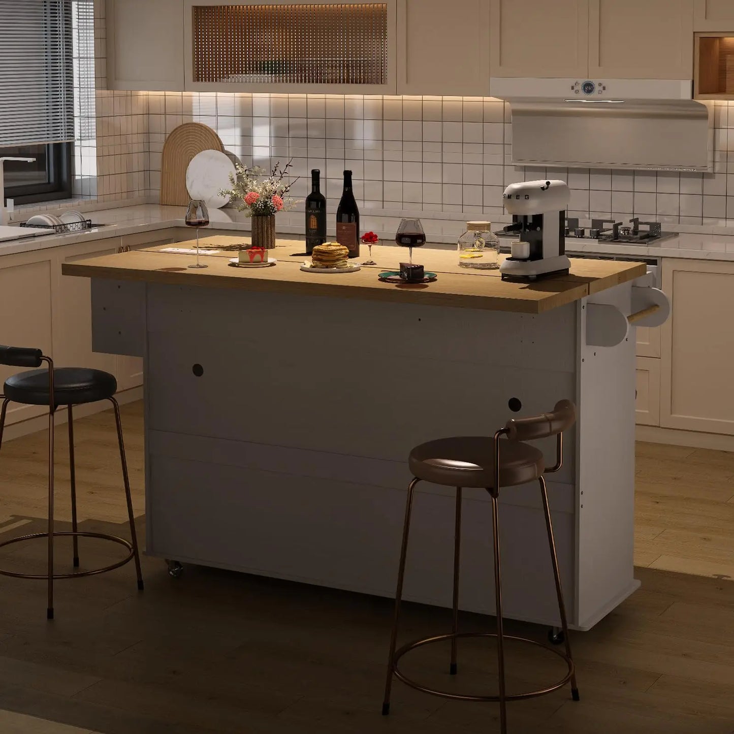 60 Inch Mobile Kitchen Island Rolling Cart with Drop Leaf Power Outlet Storage Trolley Spice Rack Towel Rack Trash Cabinet