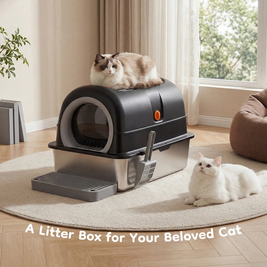 24" Stainless Steel Enclosed Cat Litter Box – Large 30L Metal Cat Litter Box with Scoop & Litter Mat, Odor-Resistant Covered Pet Toilet for Big Cats