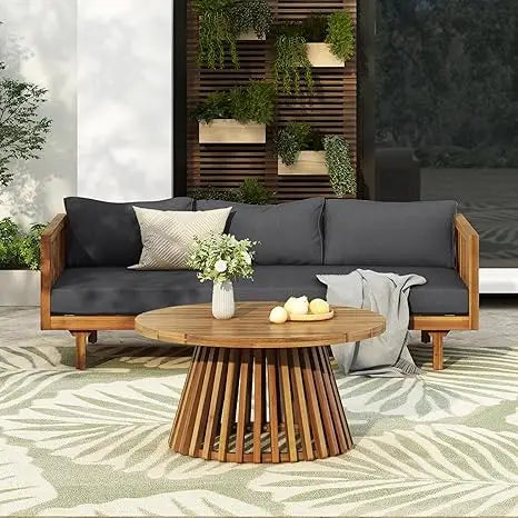 Outdoor Acacia Wood 3-Seat Loveseat Sofa Set with Cushions & Round Coffee Table – Premium Backyard Patio Conversation Furniture for Garden, Porch & Balcony Relaxation