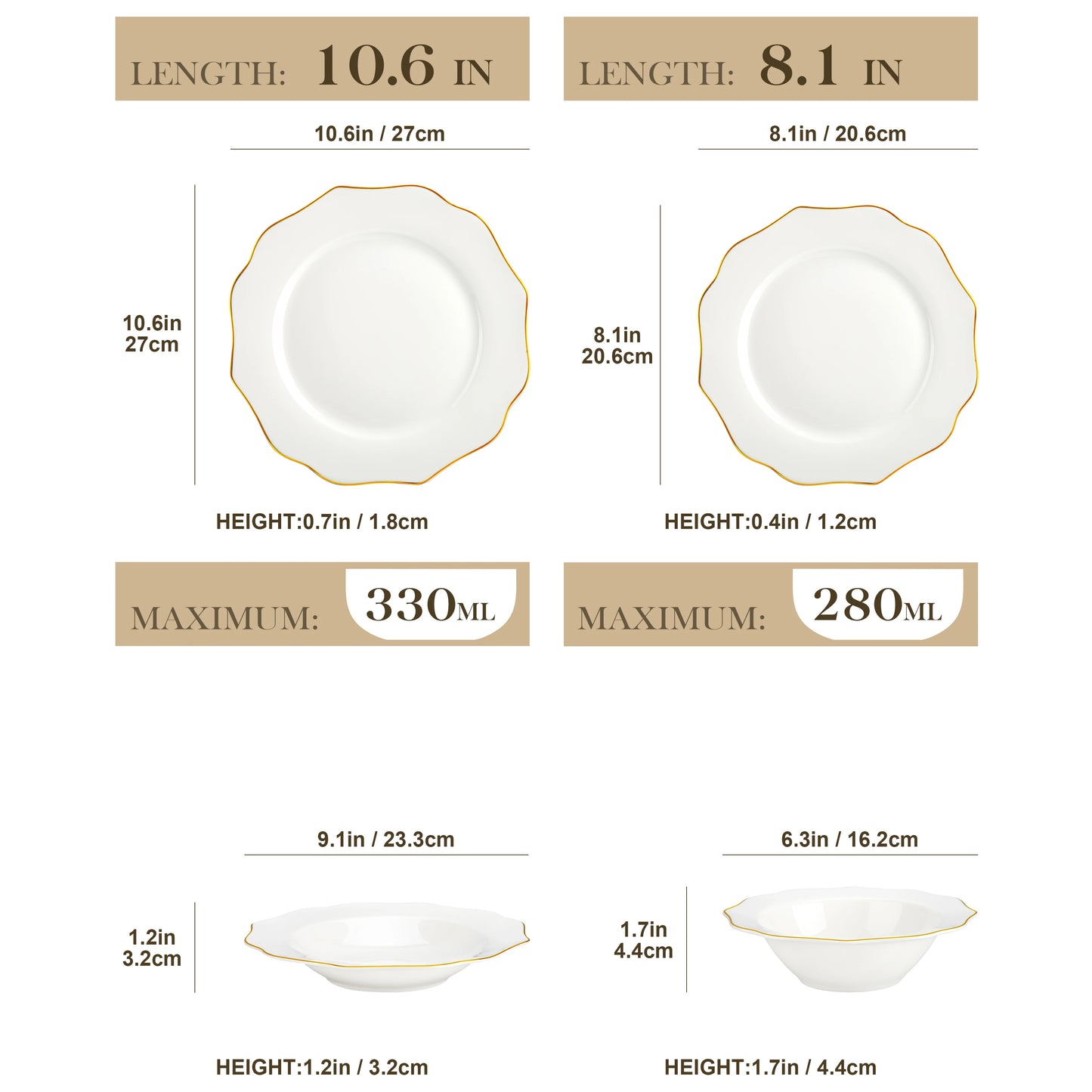 MALACASA 16/32-Piece White Porcelain Dinnerware Set with Gold Rim – Nordic European Tableware Set with Dinner Plates, Dessert Plates & Bowls for 4 or 8