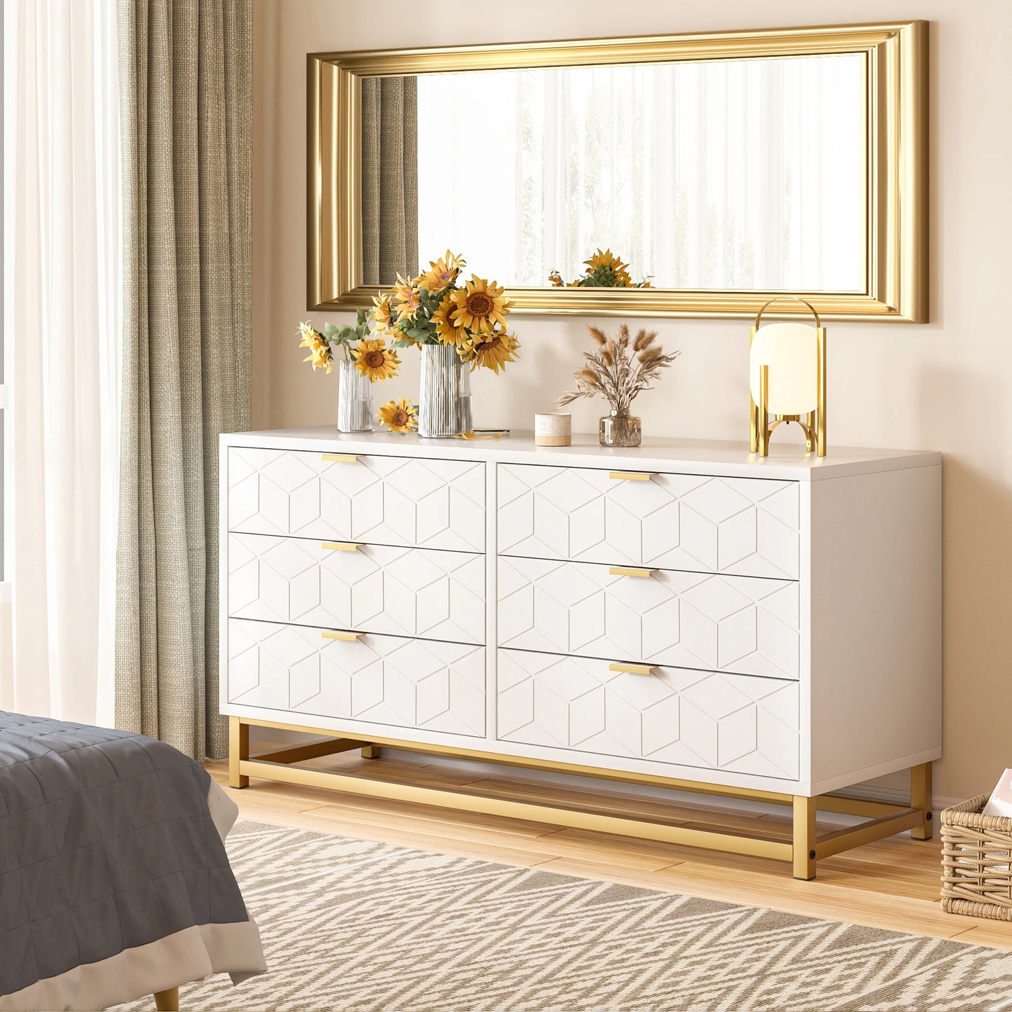 Luxury 6-Drawer Diamond Dresser with Golden Accents
