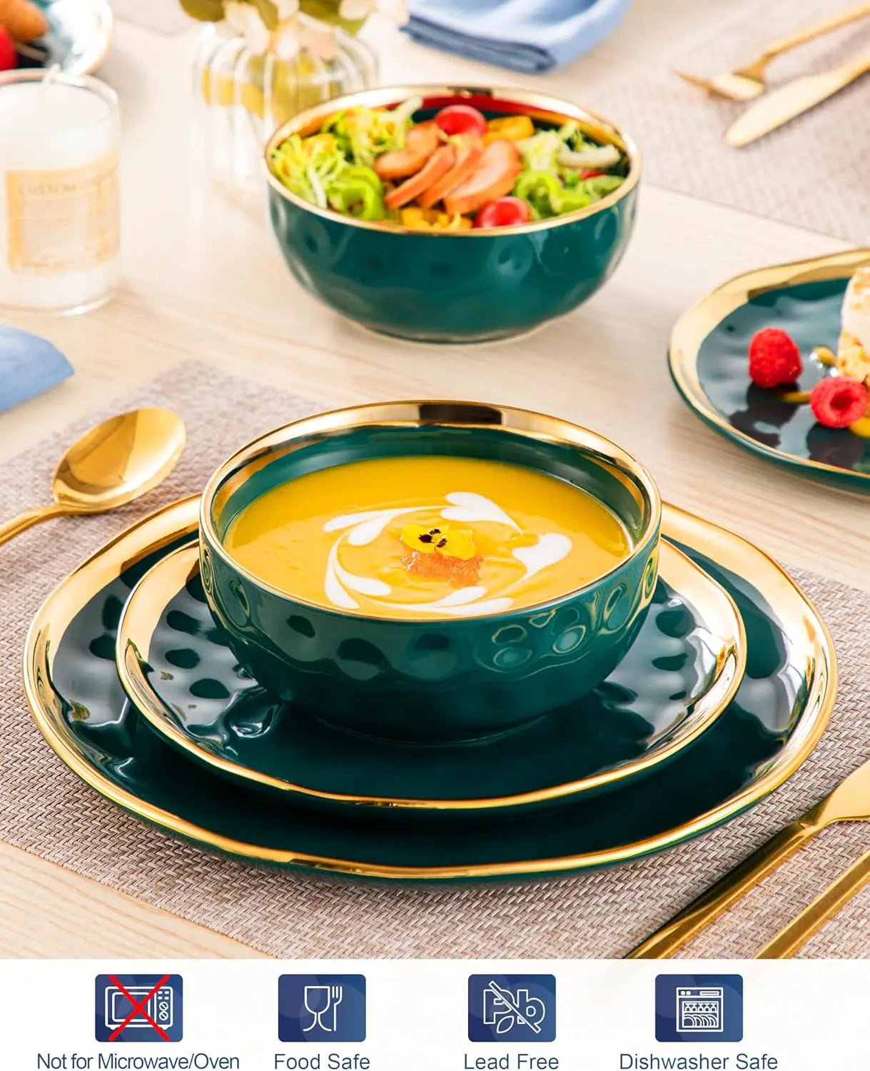 Elegant Green Gold Porcelain Dinnerware Set for 4