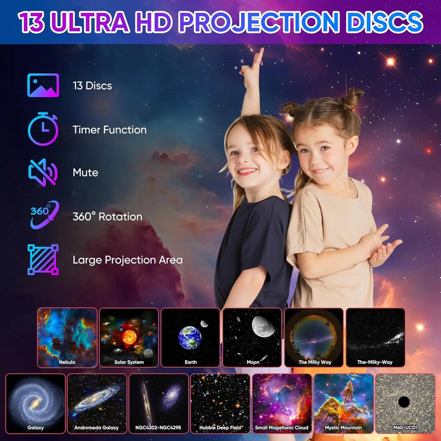 13 in 1 Galaxy Star Projector LED Night Light 360 Rotation HD Projection Lamp with Timer for Kids Adults Bedroom