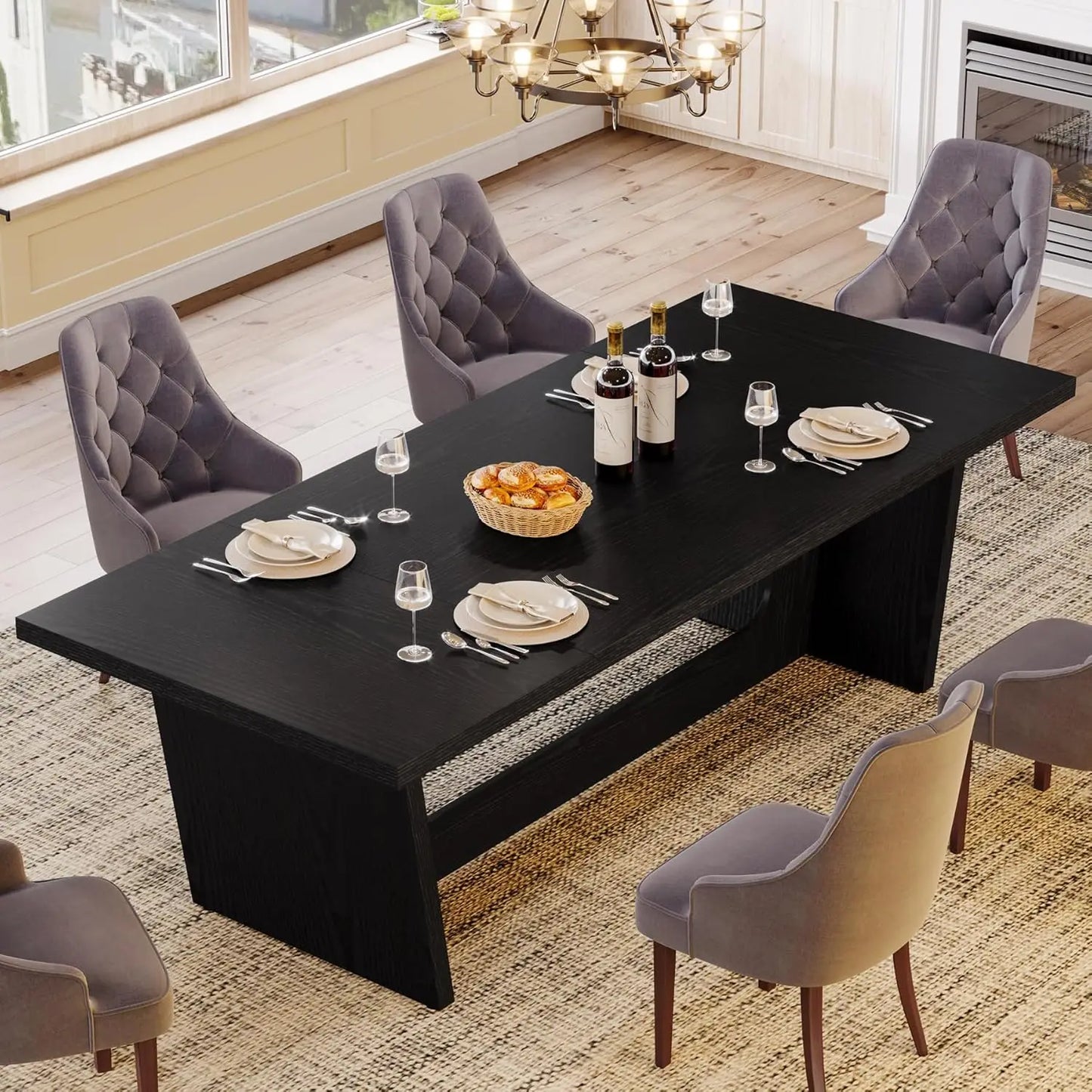 Farmhouse Dining Room Table – Large Rectangular Solid Pedestal Kitchen Table for Family Meals, Rustic Wooden Dinner Table for Dining Room & Home Gathering