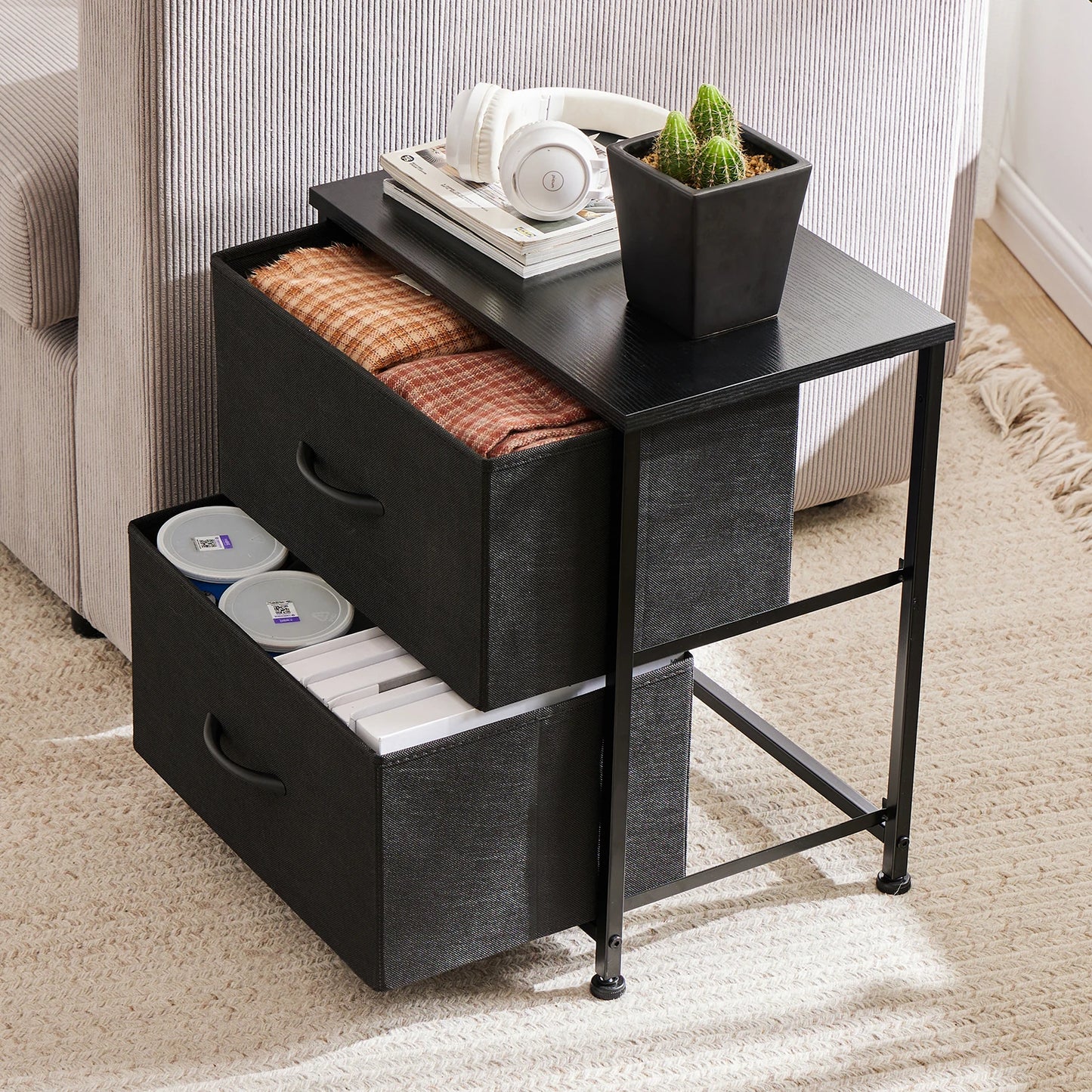 JHK Nightstand with Fabric Drawers Bedroom Storage