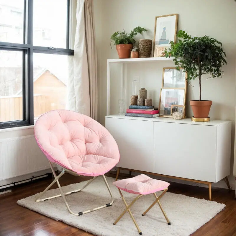 Round Folding Faux Fur Saucer Chair Set