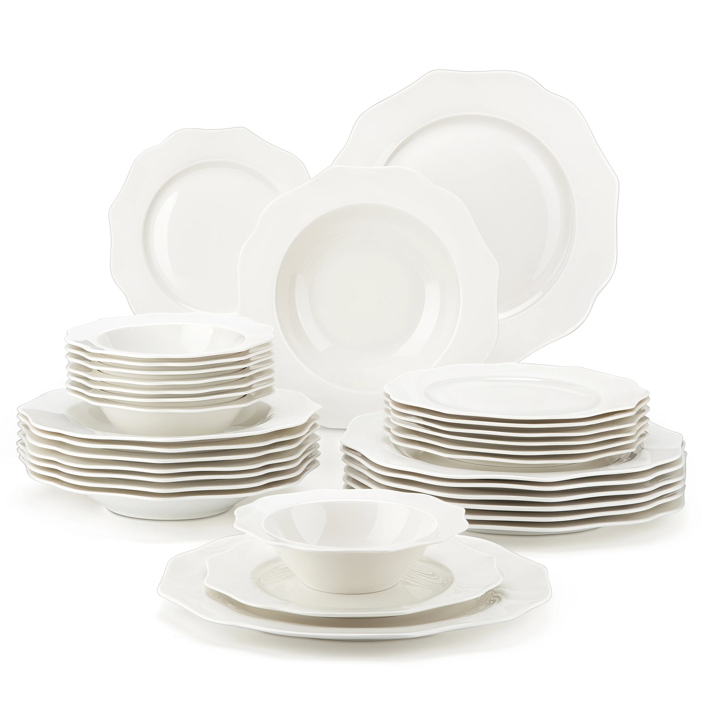 MALACASA 16/32-Piece White Porcelain Dinnerware Set with Gold Rim – Nordic European Tableware Set with Dinner Plates, Dessert Plates & Bowls for 4 or 8