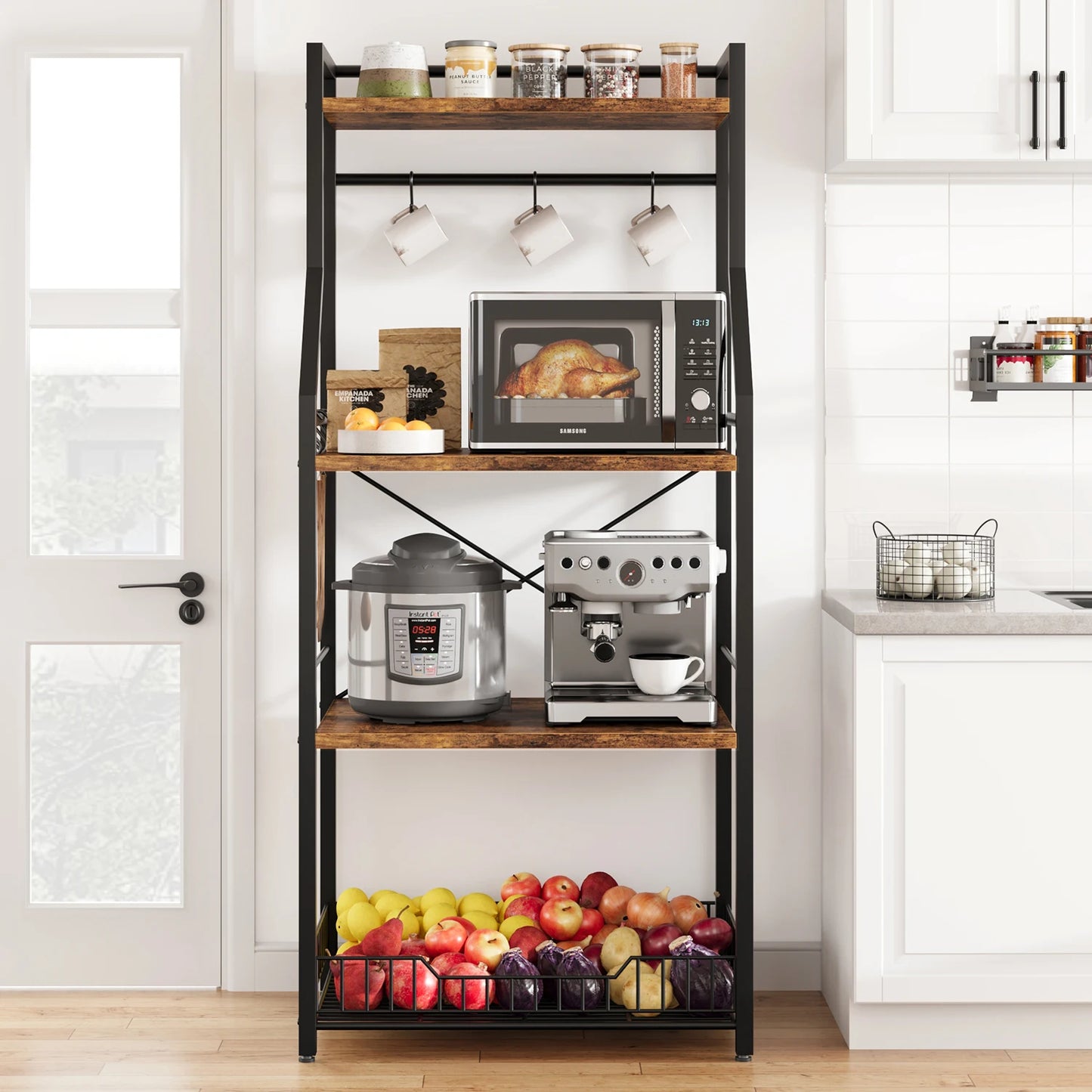 4-Tier Kitchen Baker’s Rack Microwave Stand – Coffee Bar Station with Wire Basket Storage Shelf