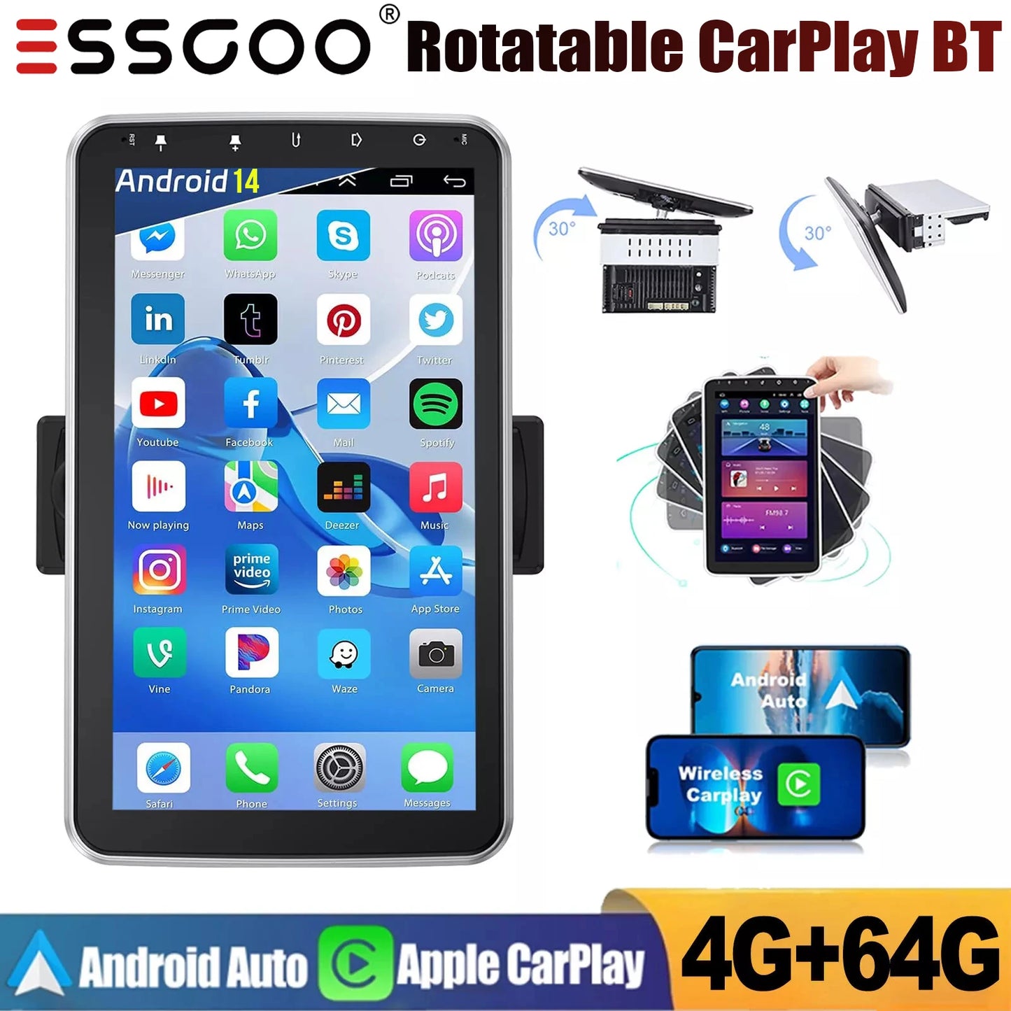 ESSGOO 10.1’’ Android14 Car Stereo GPS