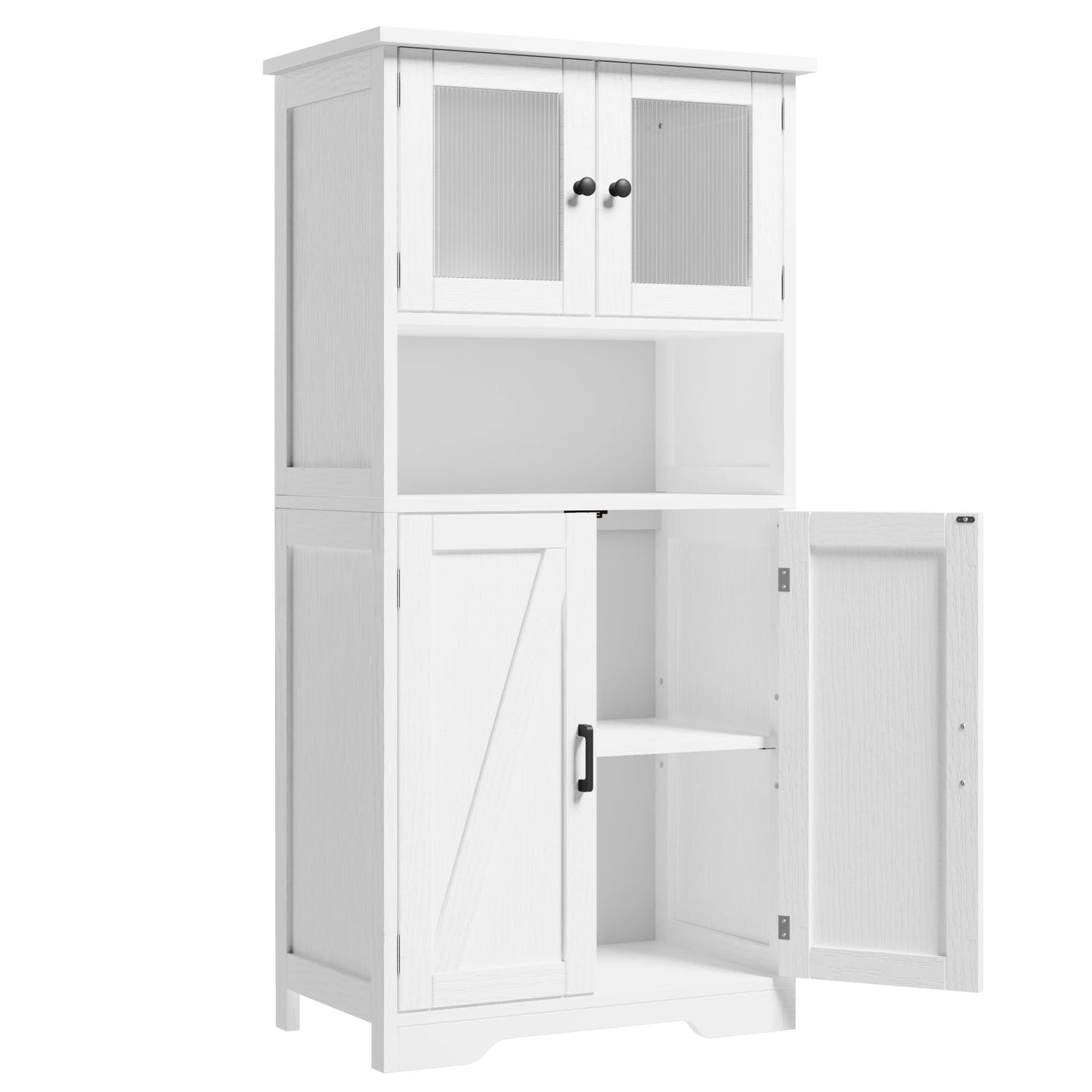 Freestanding Kitchen Pantry Cabinet with 4 Doors & Open Shelves – Tall Storage Cupboard with Tempered Glass Doors for Kitchen, Bathroom & Dining Room Organization