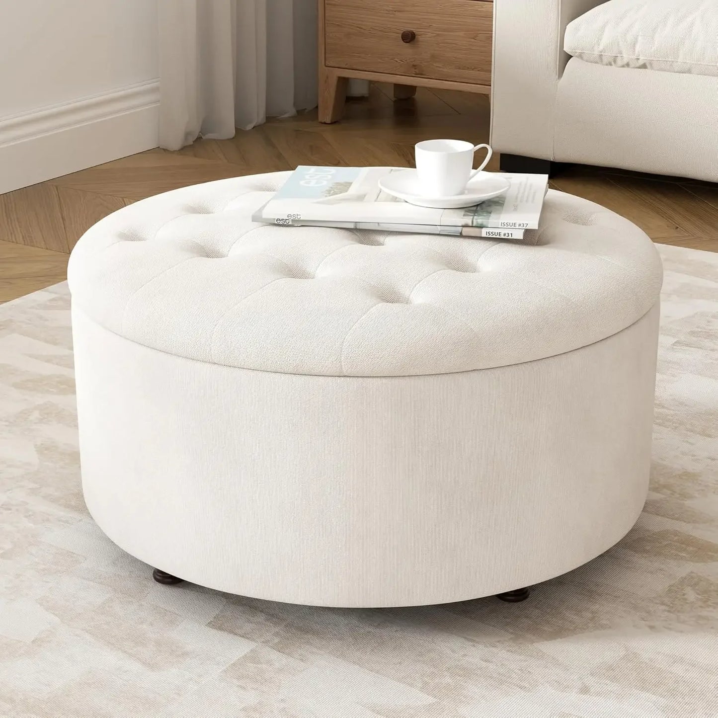 Round Tufted Storage Ottoman Coffee Table