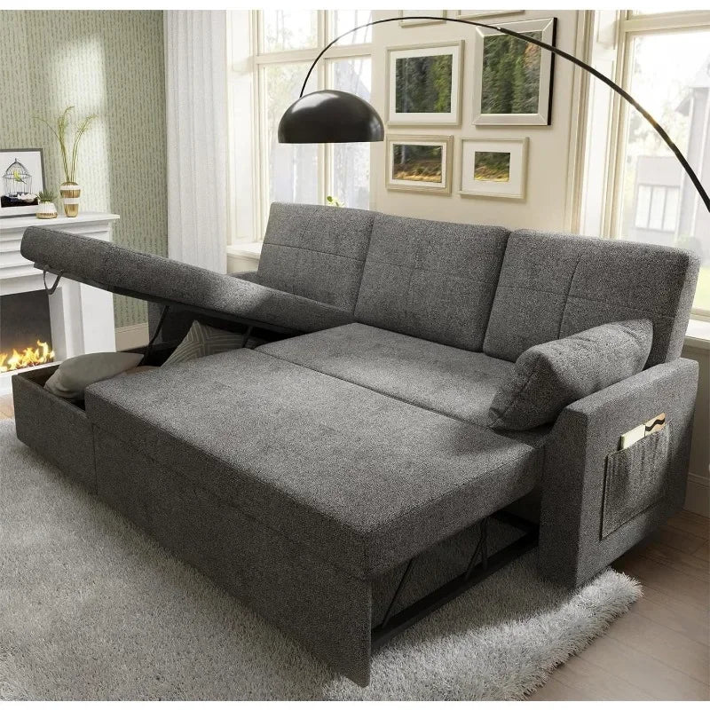 Grey Linen Sleeper Sofa Bed with Storage