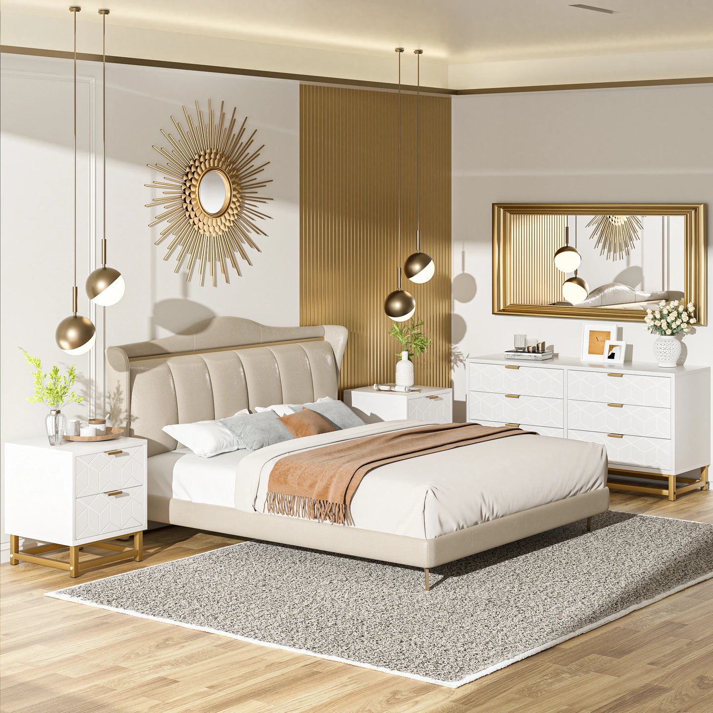 Luxury 6-Drawer Diamond Dresser with Golden Accents