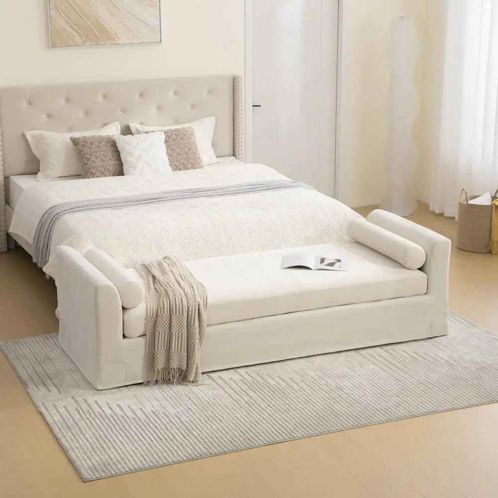 83.1” Modern Upholstered End of Bed Bench with Armrests – Chenille Chaise Lounge Bench with 2 Bolster Pillows, Bedroom Bench Seating for Bedroom, Living Room & Entryway