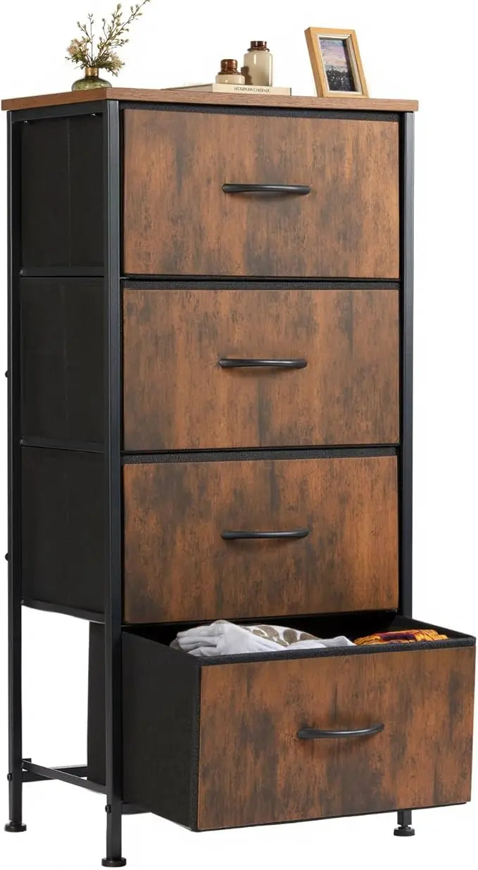Sweetcrispy Nightstand with 4 Fabric Drawers – Modern Bedside Table with Wooden Top, Small Bedroom Dresser & End Table for Bedroom, Living Room & Nursery