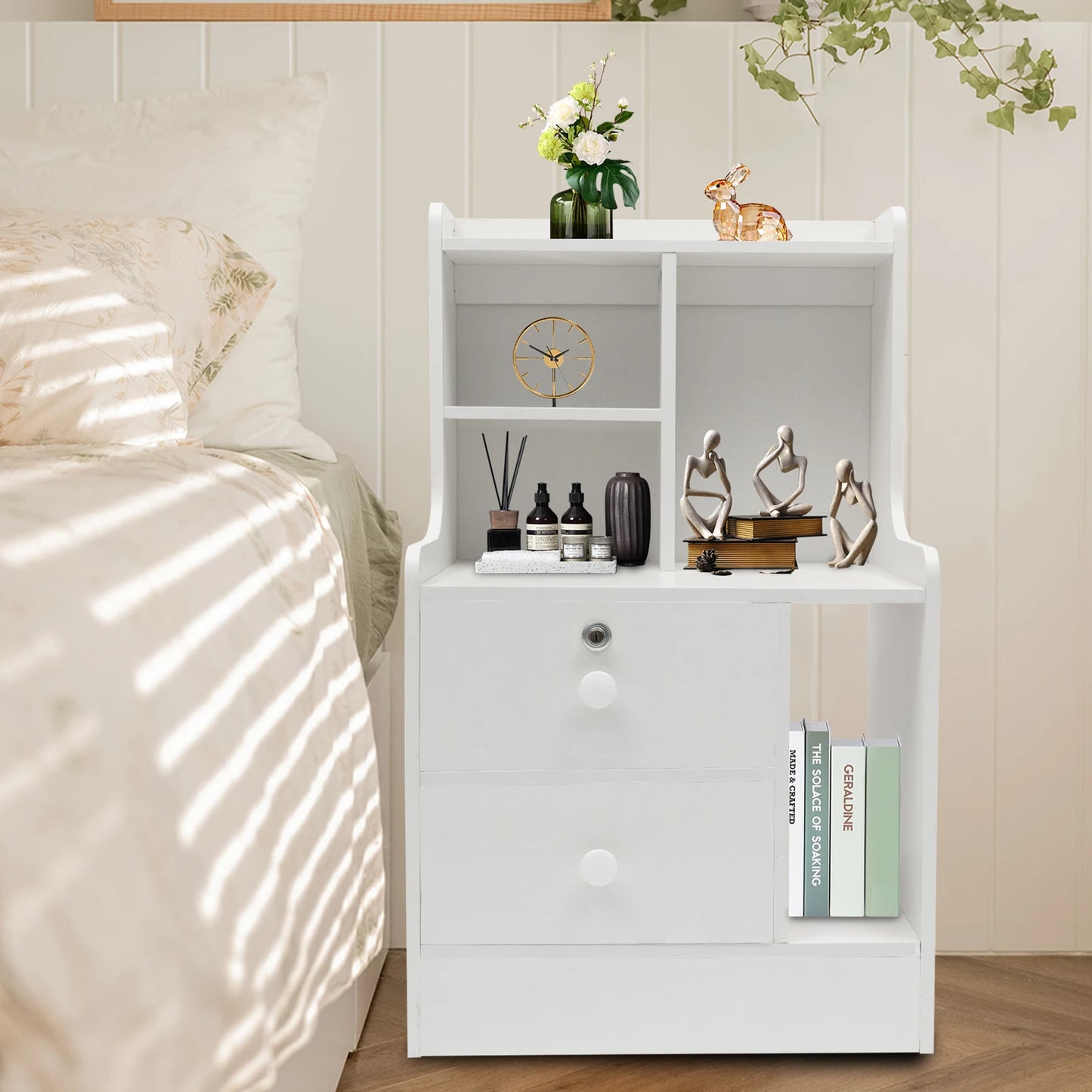 Lockable Bedside Table Double-Layer Storage Cabinet
