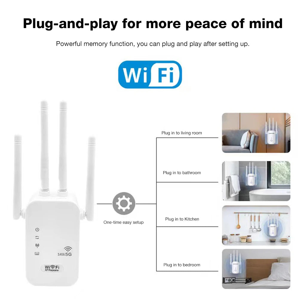 1200Mbps Dual-Band WiFi Repeater – Wireless WiFi Extender with WAN/LAN Port & 4 Antennas for Whole Home Coverage