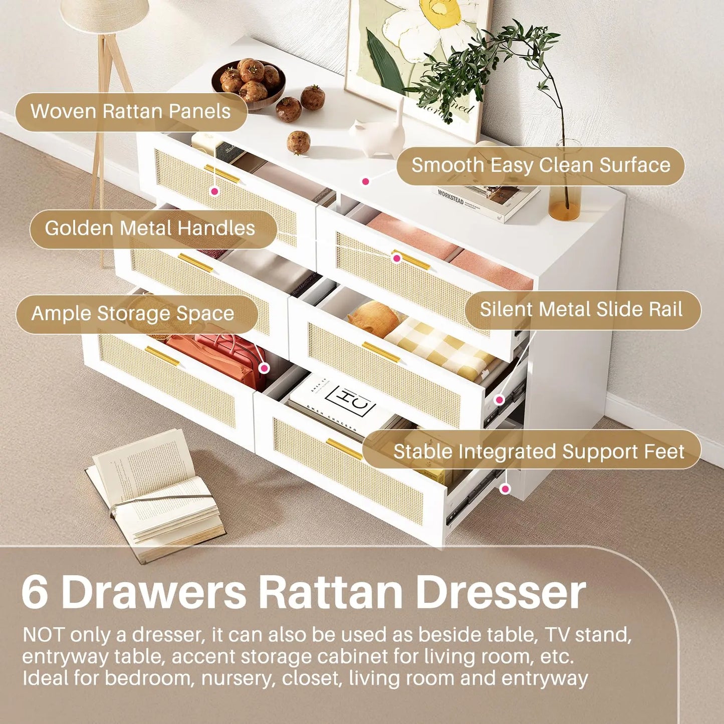 47” Rattan Dresser with 6 Drawers – Modern Wooden Storage Chest with Gold Handles, Boho Bedroom Organizer Cabinet for Living Room, Hallway & Closet