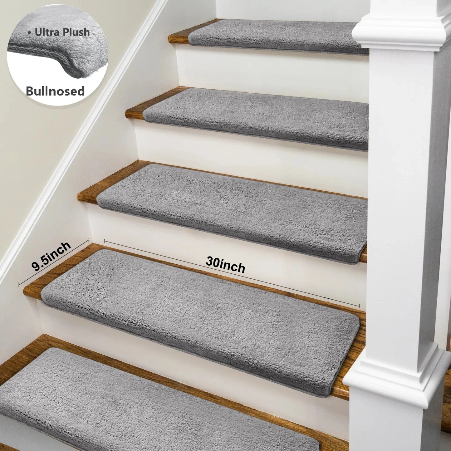 Bullnose Non-Slip Stair Treads – Ultra Plush Washable Self-Adhesive Carpet Mats, Peel & Stick Stair Covers for Safety, Elderly, Kids & Pets