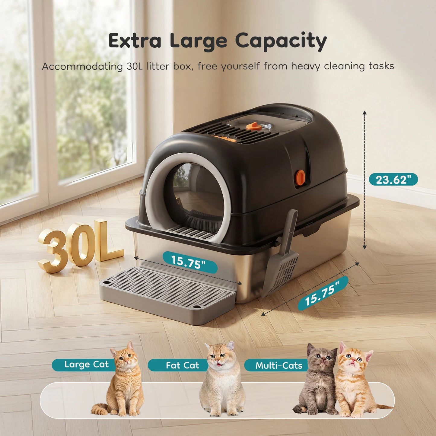 24" Stainless Steel Enclosed Cat Litter Box – Large 30L Metal Cat Litter Box with Scoop & Litter Mat, Odor-Resistant Covered Pet Toilet for Big Cats
