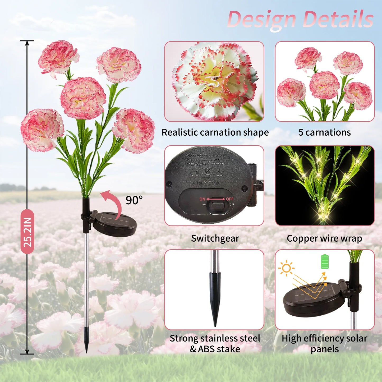 Solar LED Carnation Flower Garden Path Lights