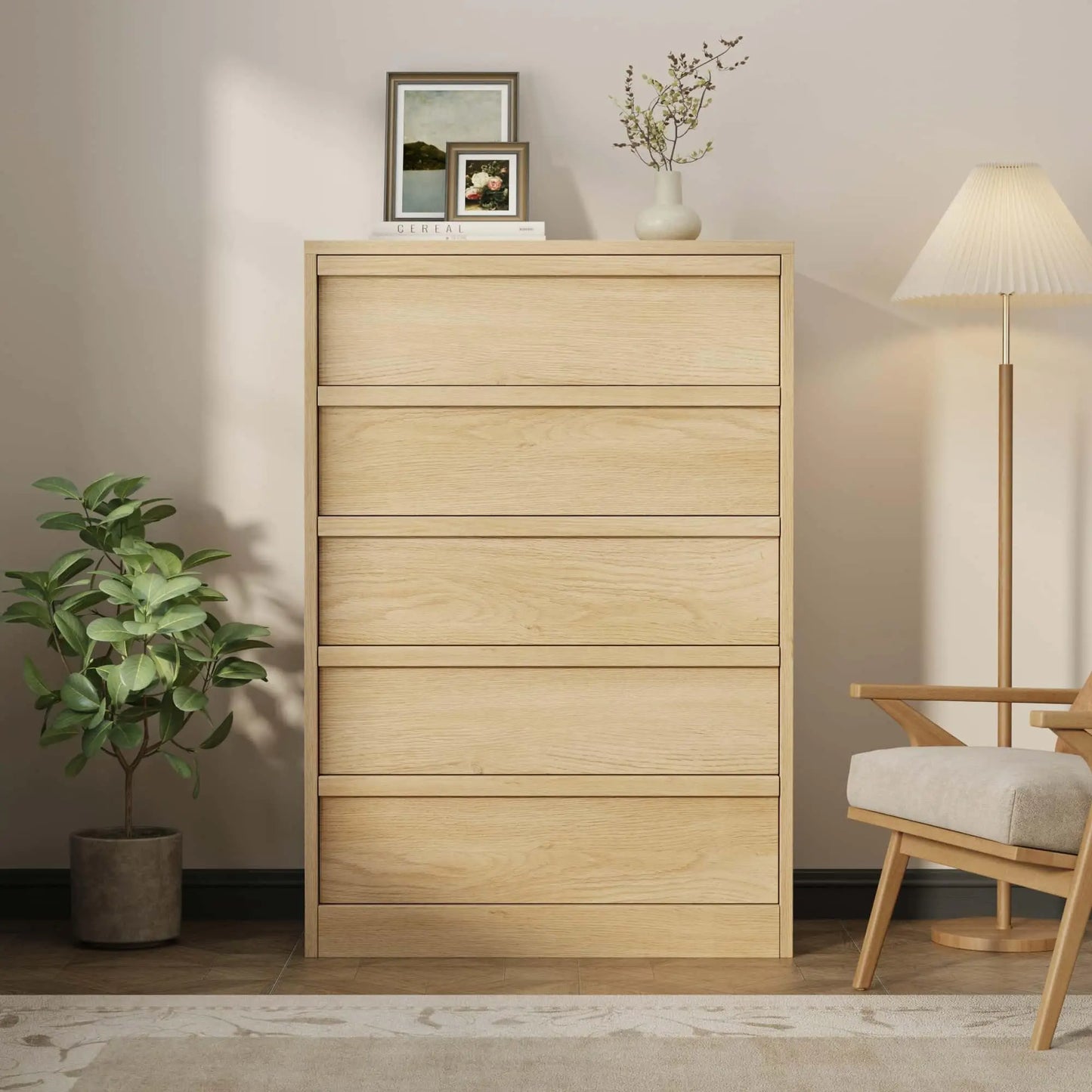 43.3-Inch 5-Drawer Wooden Dresser – Modern Bedroom Storage Chest with Deep Drawers, Closet Cabinet for Bedroom, Living Room, Entryway & Hallway