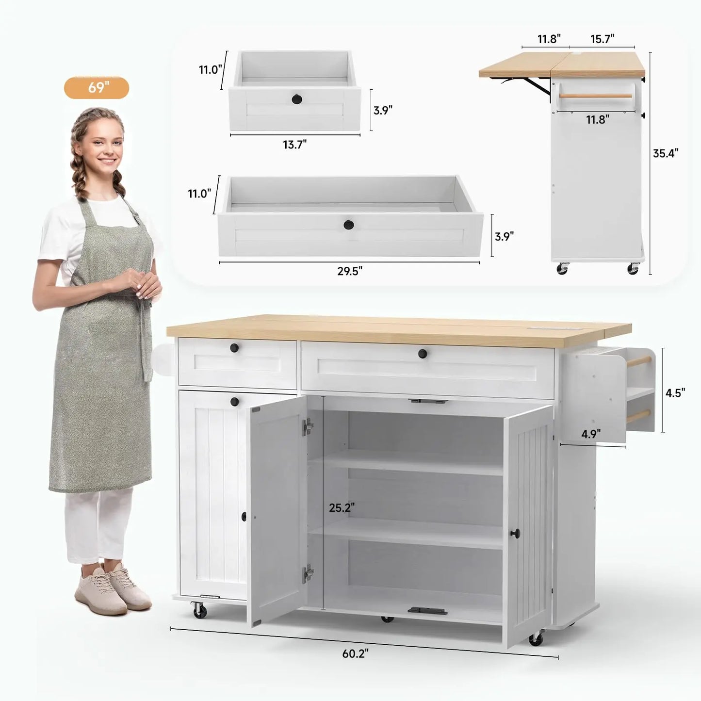 60 Inch Mobile Kitchen Island Rolling Cart with Drop Leaf Power Outlet Storage Trolley Spice Rack Towel Rack Trash Cabinet