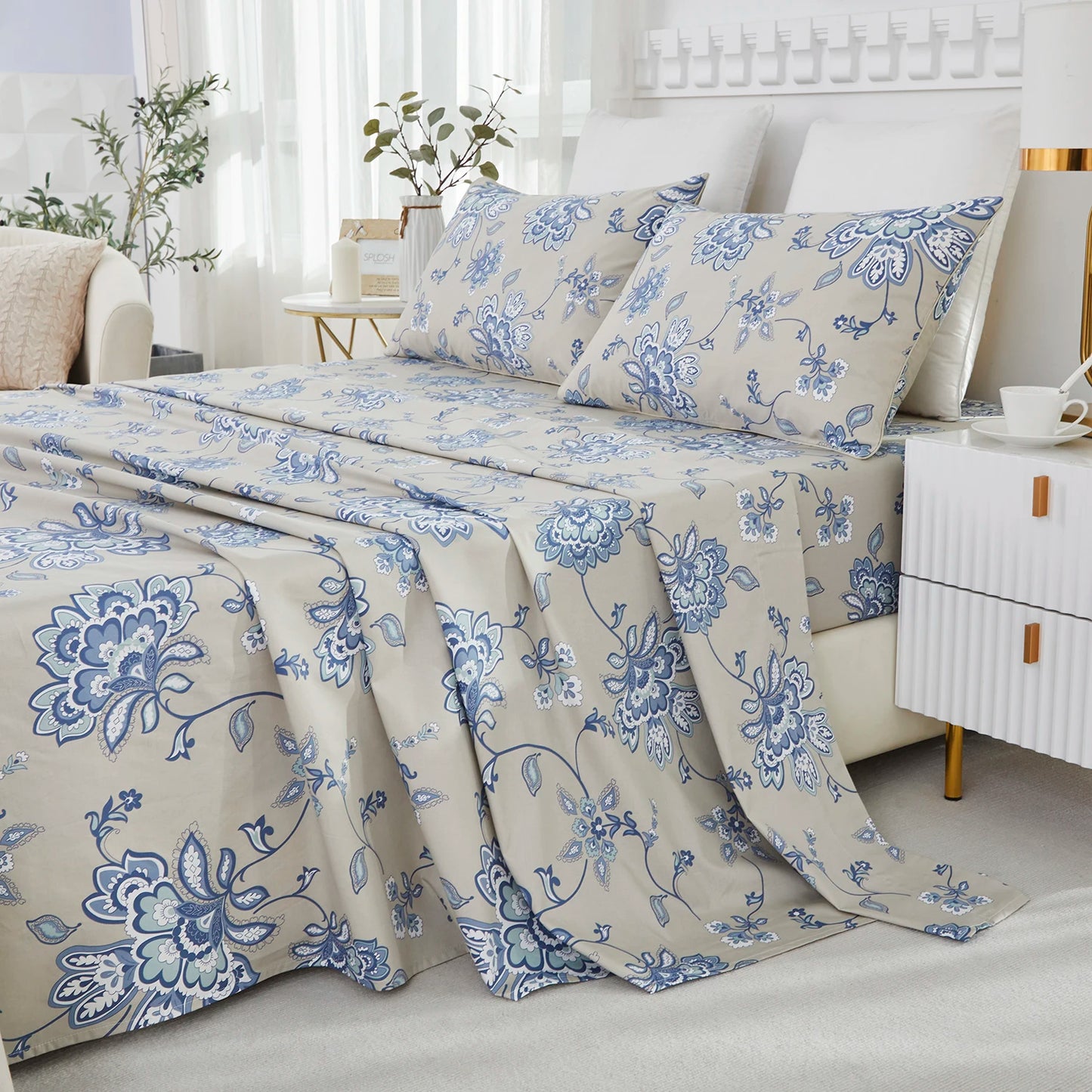 600TC Egyptian Cotton Sheet Set – 4-Piece Blue Boho Paisley Floral Luxury Bedding (100% Cotton)
