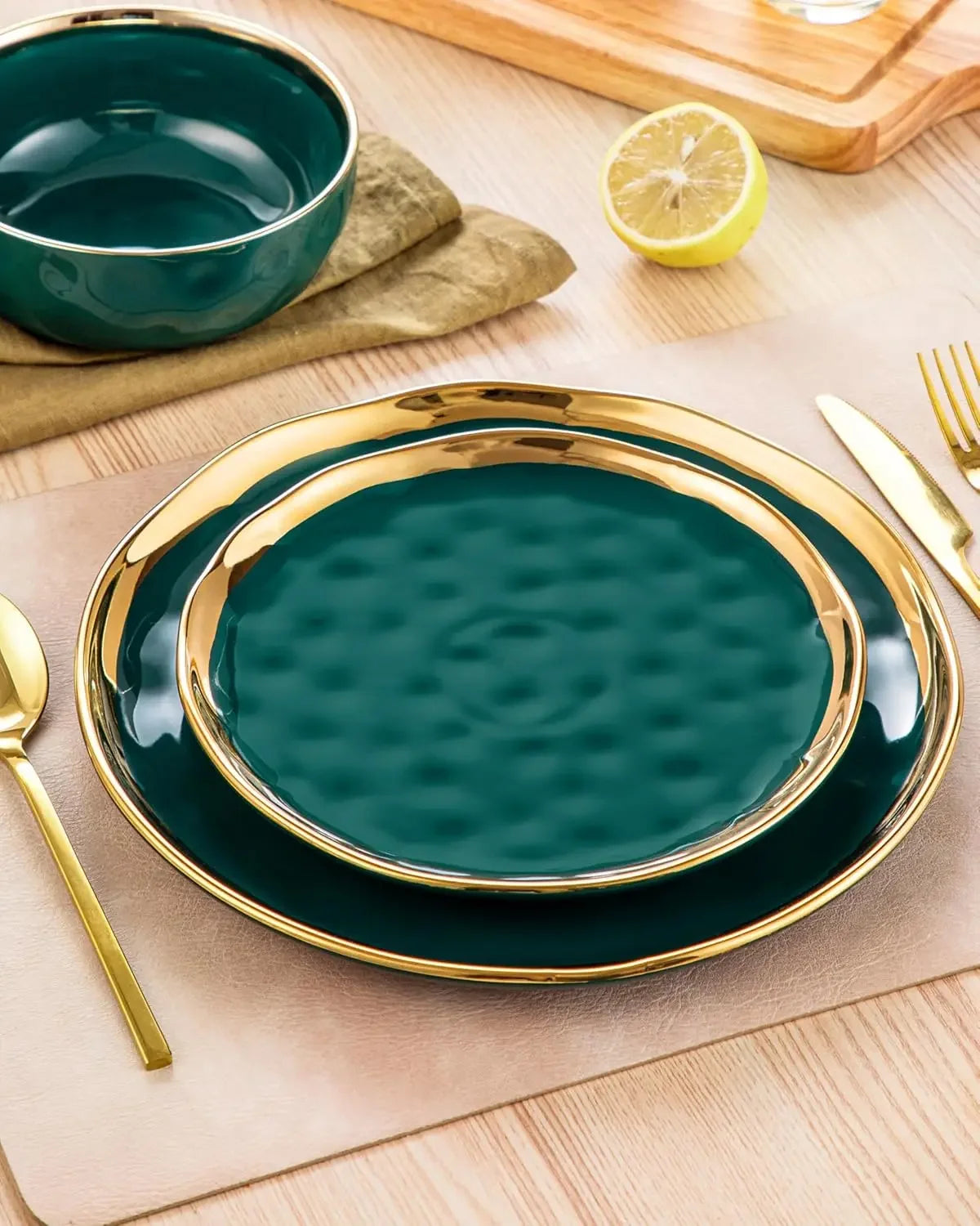 Elegant Green Gold Porcelain Dinnerware Set for 4