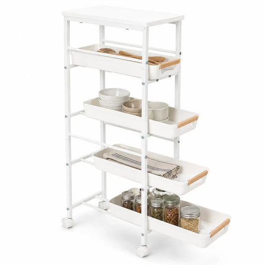 5-Tier Rolling Kitchen Storage Cart with Pull-Out Baskets & Tabletop – Slim Space-Saving Utility Cart on Wheels for Kitchen, Pantry, Bathroom & Living Room Organization